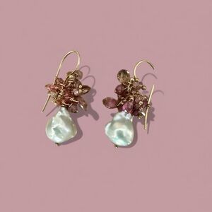 Artisan freshwater pearl dangling earrings with small clusters of gemstones EUC